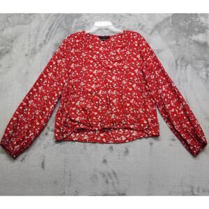 Sanctuary Top Womens L Red Floral Cori Blouson Sleeve Faux Wrap Snap Rayon Flowy